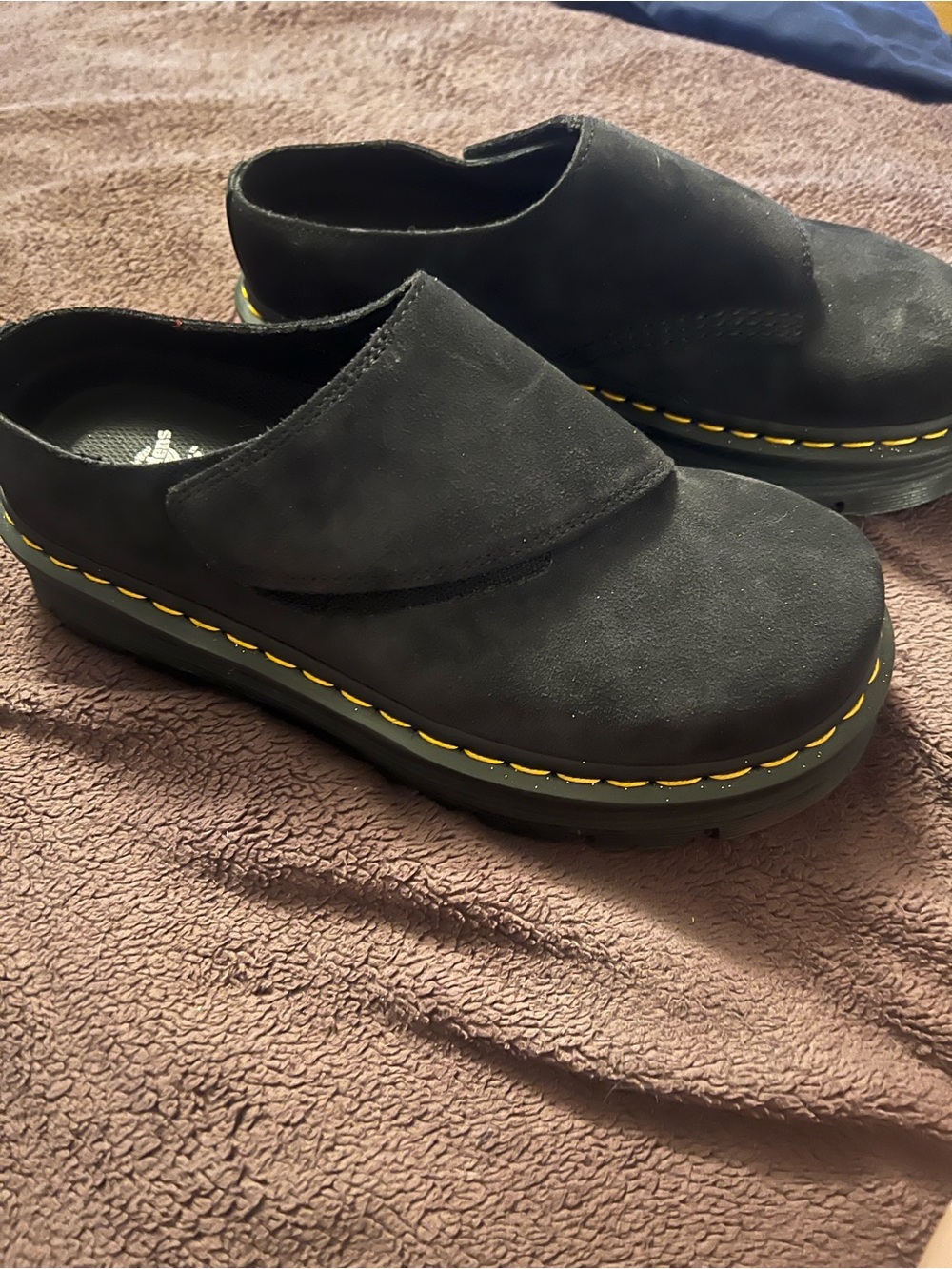 Dr. Martens Black Suede Mules with Yellow Stitching